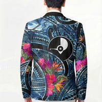 Yap Day Island Floral Tribal Heritage Blazer Micronesian Hibiscus Pattern Polynesian Tattoo Blue Art TS04 - Polynesian Pride