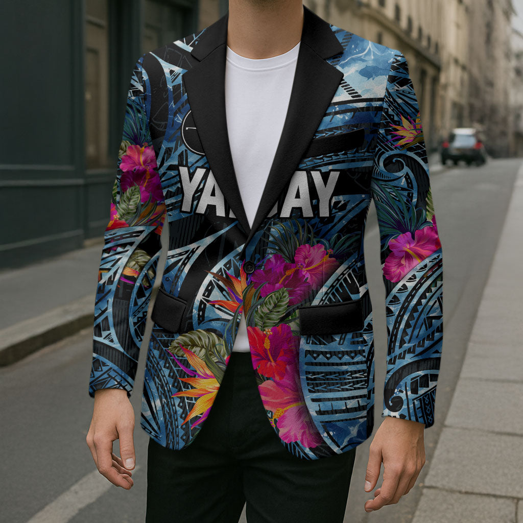 Yap Day Island Floral Tribal Heritage Blazer Micronesian Hibiscus Pattern Polynesian Tattoo Blue Art TS04 - Polynesian Pride