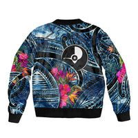 Yap Day Island Floral Tribal Heritage Bomber Jacket Micronesian Hibiscus Pattern Polynesian Tattoo Blue Art TS04 - Polynesian Pride