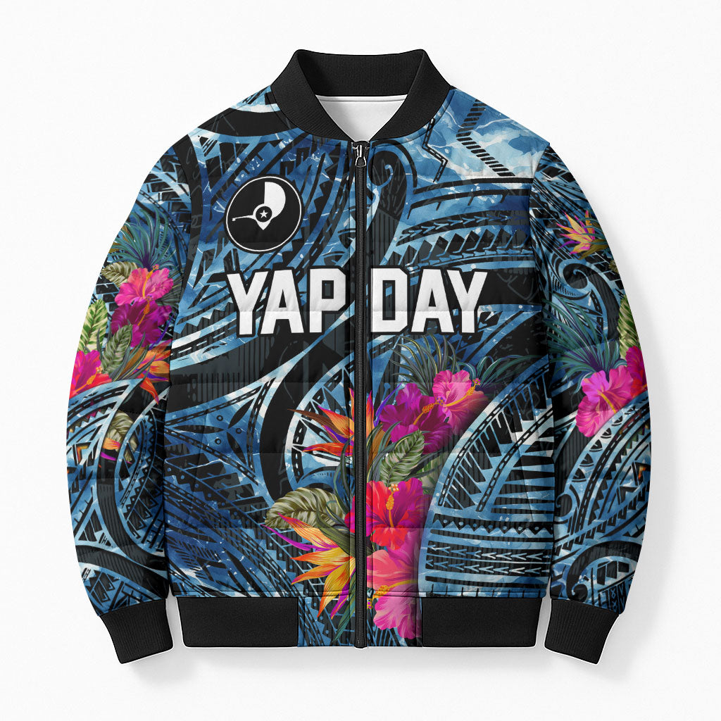 Yap Day Island Floral Tribal Heritage Bomber Puffer Jacket Micronesian Hibiscus Pattern Polynesian Tattoo Blue Art TS04 Unisex Black Blue - Polynesian Pride