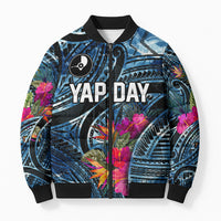 Yap Day Island Floral Tribal Heritage Bomber Puffer Jacket Micronesian Hibiscus Pattern Polynesian Tattoo Blue Art TS04 Unisex Black Blue - Polynesian Pride