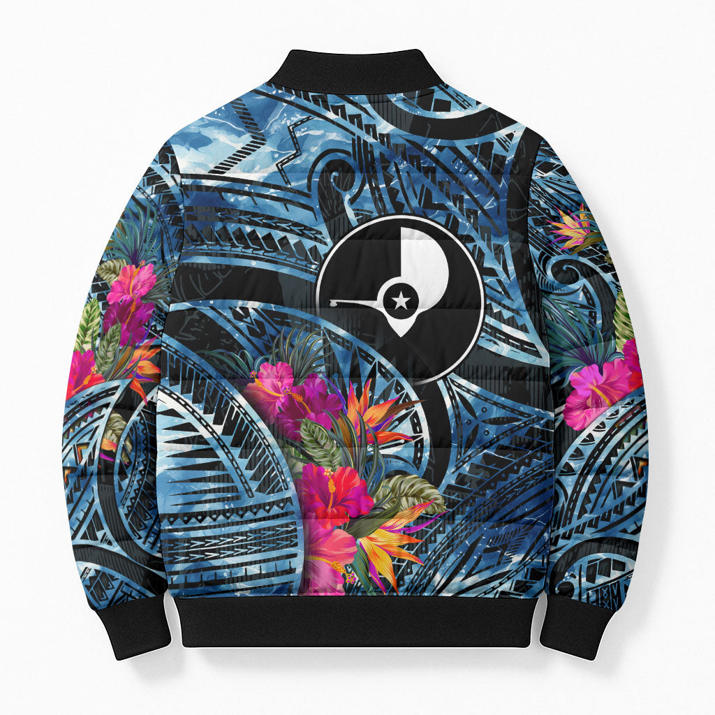 Yap Day Island Floral Tribal Heritage Bomber Puffer Jacket Micronesian Hibiscus Pattern Polynesian Tattoo Blue Art TS04 - Polynesian Pride