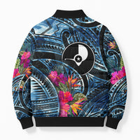 Yap Day Island Floral Tribal Heritage Bomber Puffer Jacket Micronesian Hibiscus Pattern Polynesian Tattoo Blue Art TS04 - Polynesian Pride