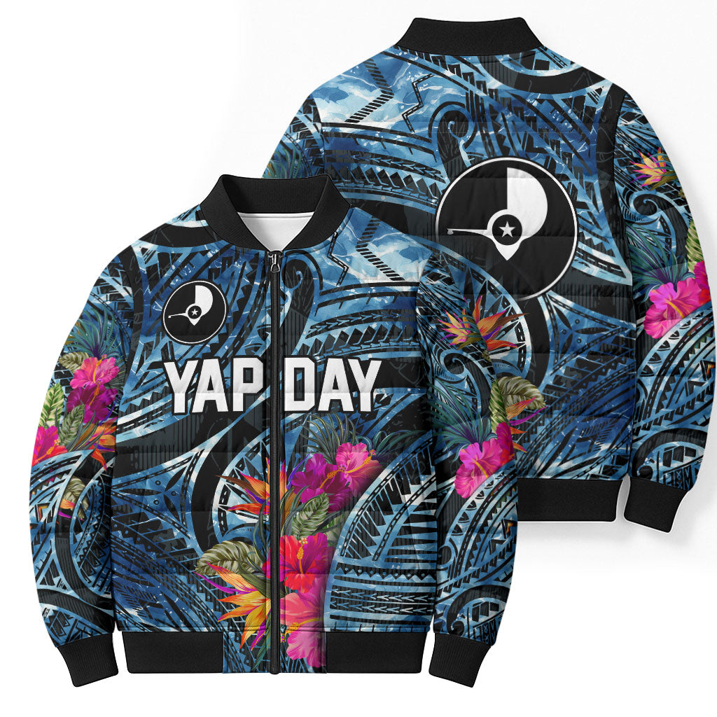 Yap Day Island Floral Tribal Heritage Bomber Puffer Jacket Micronesian Hibiscus Pattern Polynesian Tattoo Blue Art TS04 - Polynesian Pride