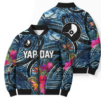 Yap Day Island Floral Tribal Heritage Bomber Puffer Jacket Micronesian Hibiscus Pattern Polynesian Tattoo Blue Art TS04 - Polynesian Pride