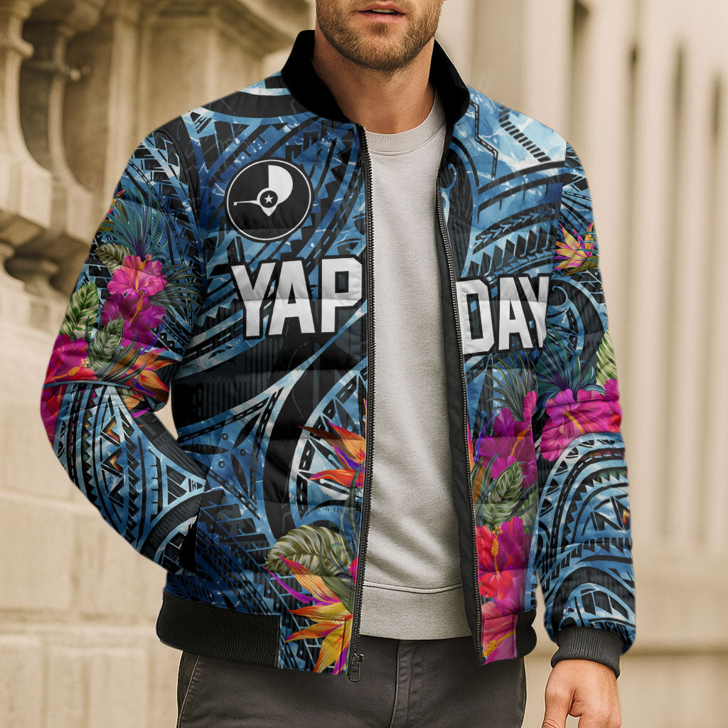 Yap Day Island Floral Tribal Heritage Bomber Puffer Jacket Micronesian Hibiscus Pattern Polynesian Tattoo Blue Art TS04 - Polynesian Pride