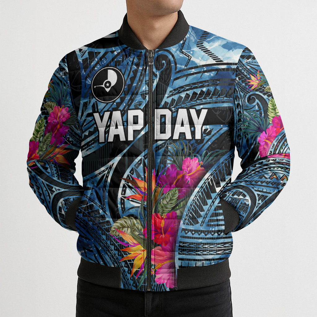 Yap Day Island Floral Tribal Heritage Bomber Puffer Jacket Micronesian Hibiscus Pattern Polynesian Tattoo Blue Art TS04 - Polynesian Pride