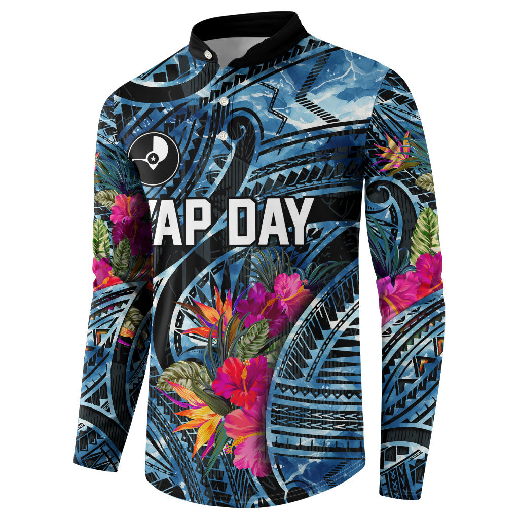 Yap Day Island Floral Tribal Heritage Button Sweatshirt Micronesian Hibiscus Pattern Polynesian Tattoo Blue Art TS04 - Polynesian Pride