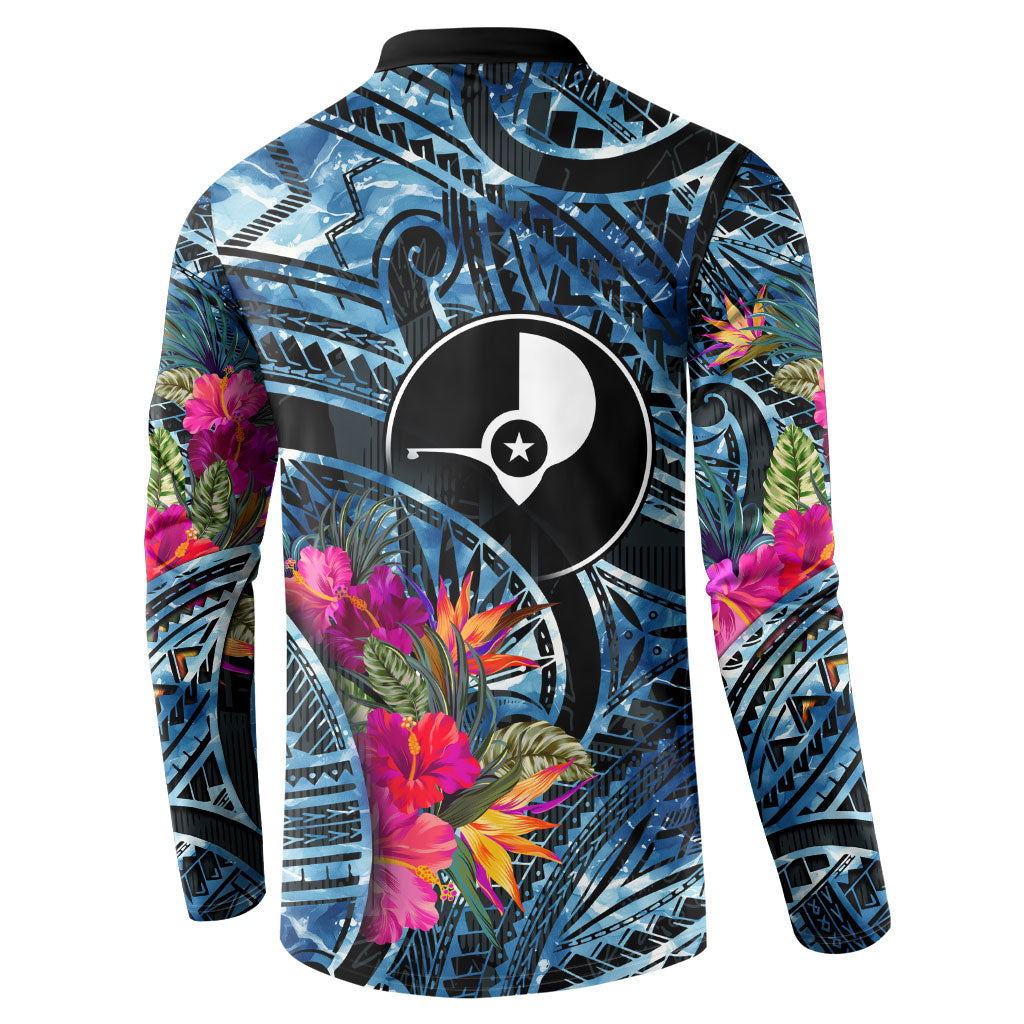 Yap Day Island Floral Tribal Heritage Button Sweatshirt Micronesian Hibiscus Pattern Polynesian Tattoo Blue Art TS04 - Polynesian Pride