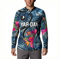 Yap Day Island Floral Tribal Heritage Button Sweatshirt Micronesian Hibiscus Pattern Polynesian Tattoo Blue Art TS04 - Polynesian Pride