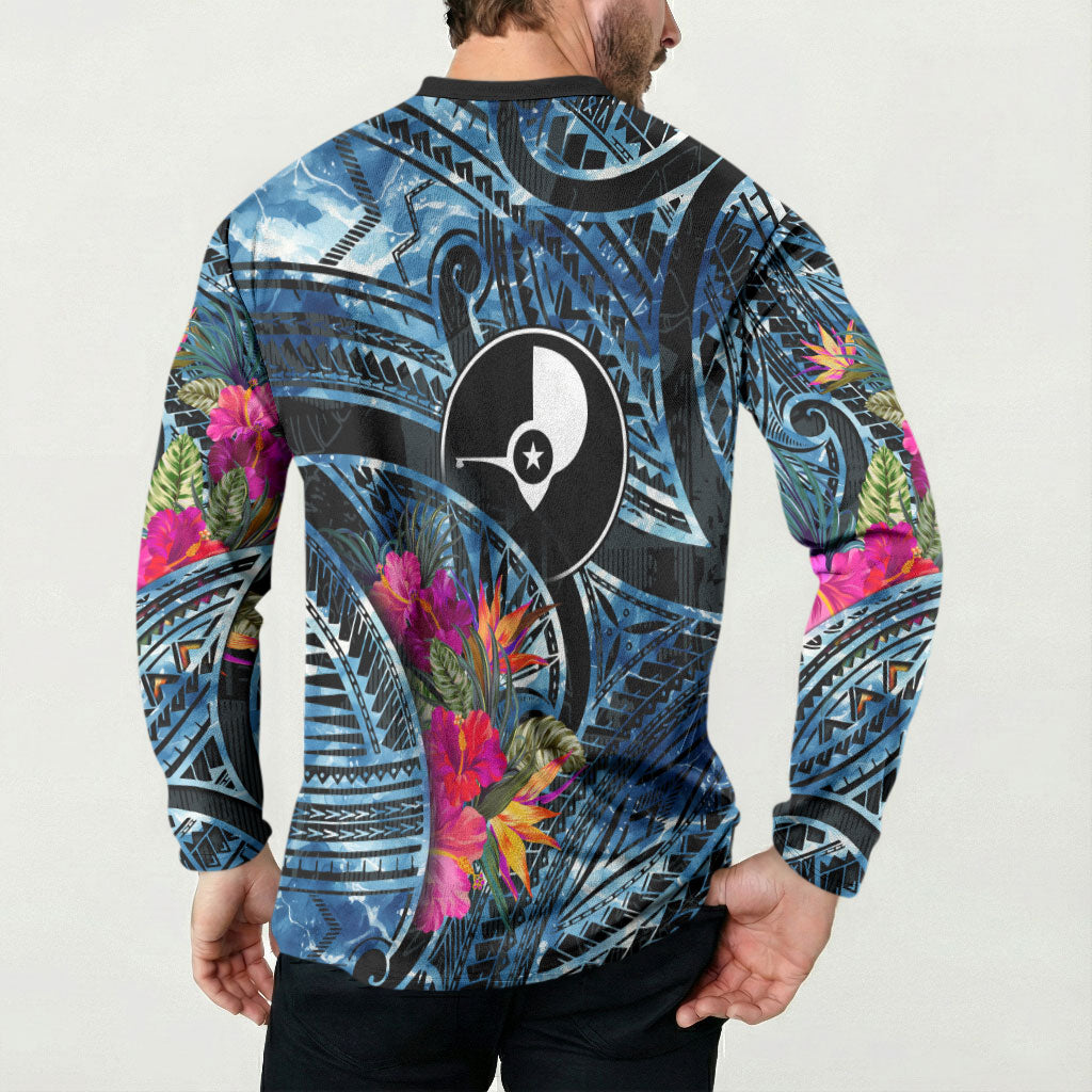 Yap Day Island Floral Tribal Heritage Button Sweatshirt Micronesian Hibiscus Pattern Polynesian Tattoo Blue Art TS04 - Polynesian Pride