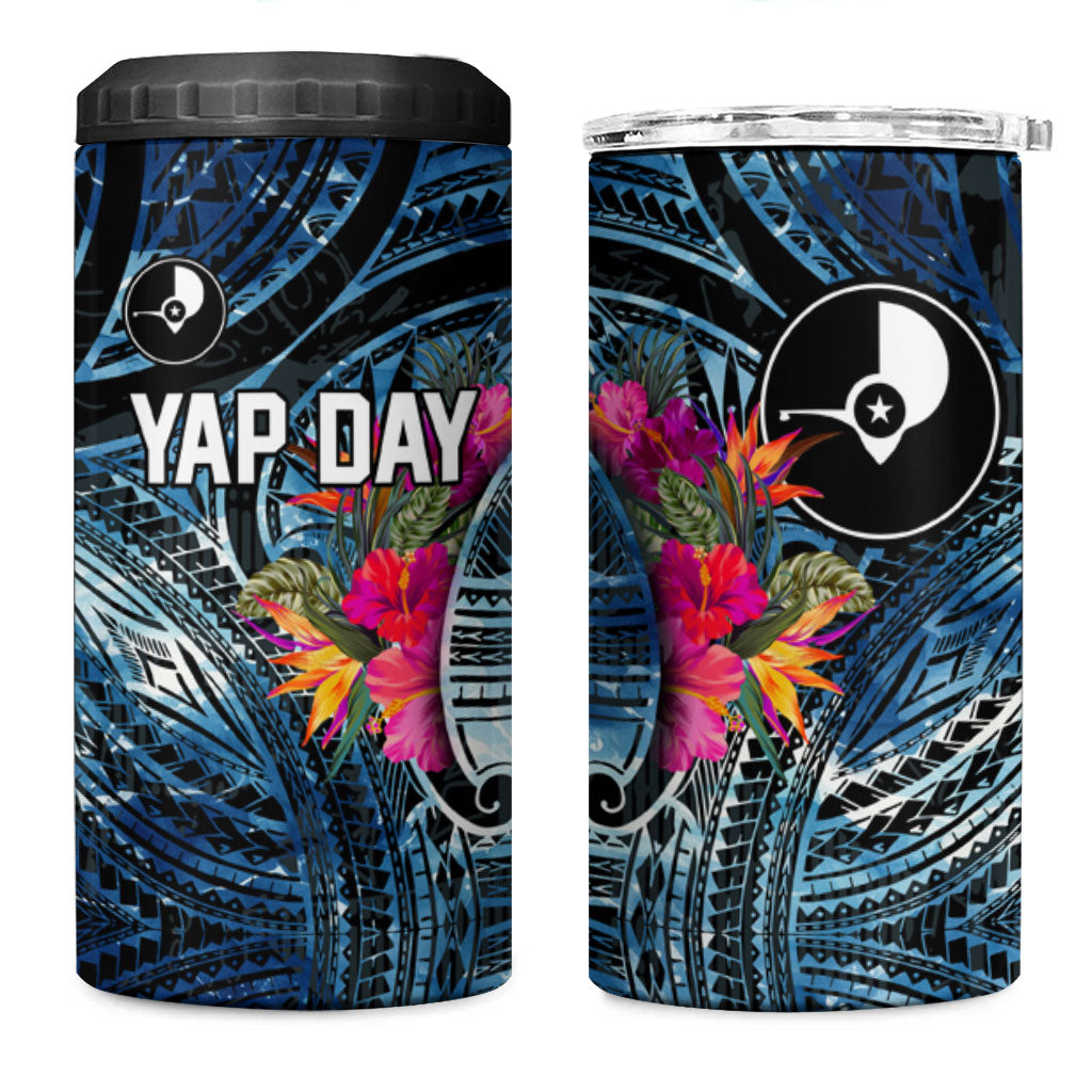 Yap Day Island Floral Tribal Heritage 4 in 1 Can Cooler Tumbler Micronesian Hibiscus Pattern Polynesian Tattoo Blue Art TS04 One Size: 16 oz Black Blue - Polynesian Pride