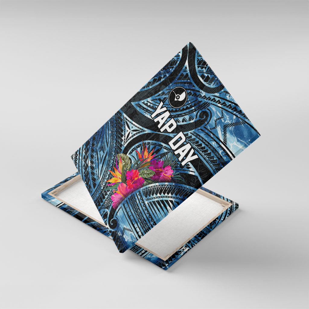 Yap Day Island Floral Tribal Heritage Canvas Wall Art Micronesian Hibiscus Pattern Polynesian Tattoo Blue Art TS04 With Frame Black Blue - Polynesian Pride