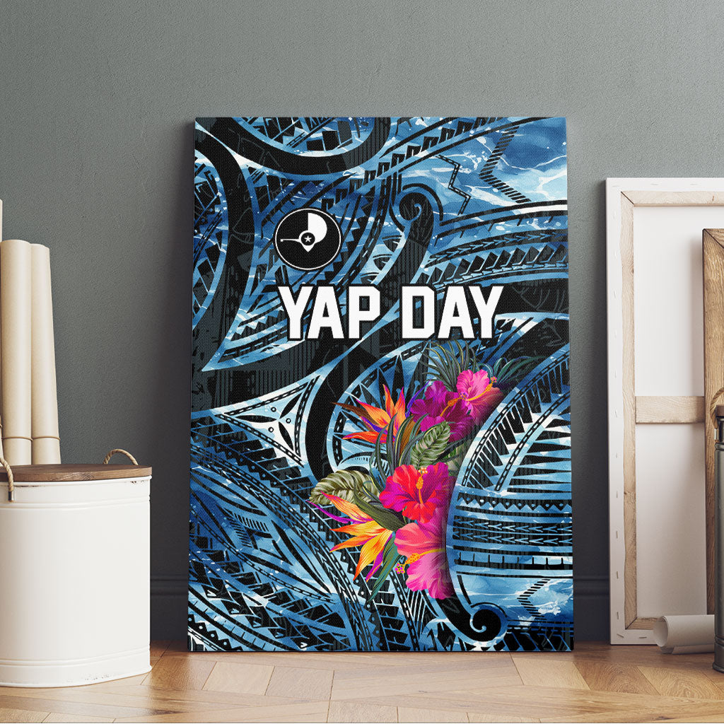 Yap Day Island Floral Tribal Heritage Canvas Wall Art Micronesian Hibiscus Pattern Polynesian Tattoo Blue Art TS04 - Polynesian Pride