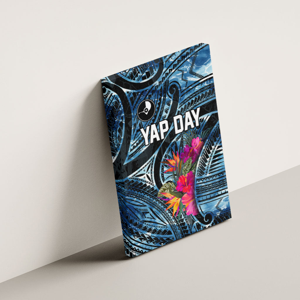 Yap Day Island Floral Tribal Heritage Canvas Wall Art Micronesian Hibiscus Pattern Polynesian Tattoo Blue Art TS04 - Polynesian Pride