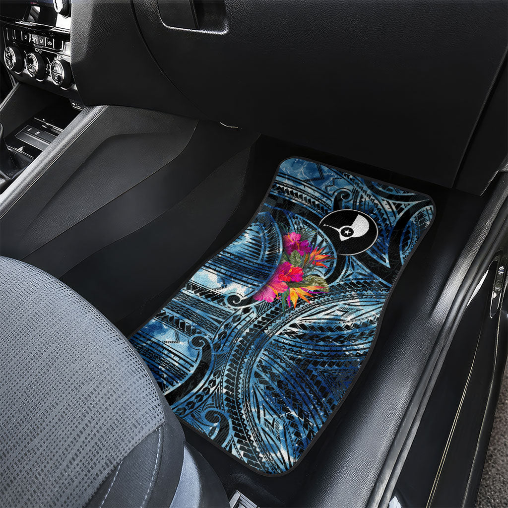 Yap Day Island Floral Tribal Heritage Car Mats Micronesian Hibiscus Pattern Polynesian Tattoo Blue Art TS04 - Polynesian Pride