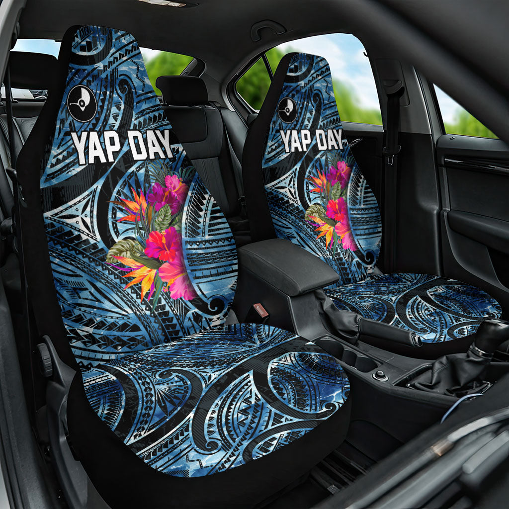 Yap Day Island Floral Tribal Heritage Car Seat Cover Micronesian Hibiscus Pattern Polynesian Tattoo Blue Art TS04 One Size Black Blue - Polynesian Pride