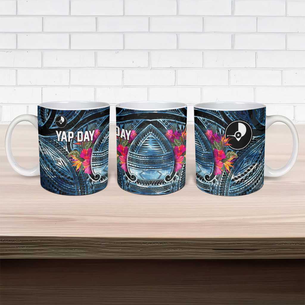 Yap Day Island Floral Tribal Heritage Ceramic Mug Micronesian Hibiscus Pattern Polynesian Tattoo Blue Art TS04 - Polynesian Pride