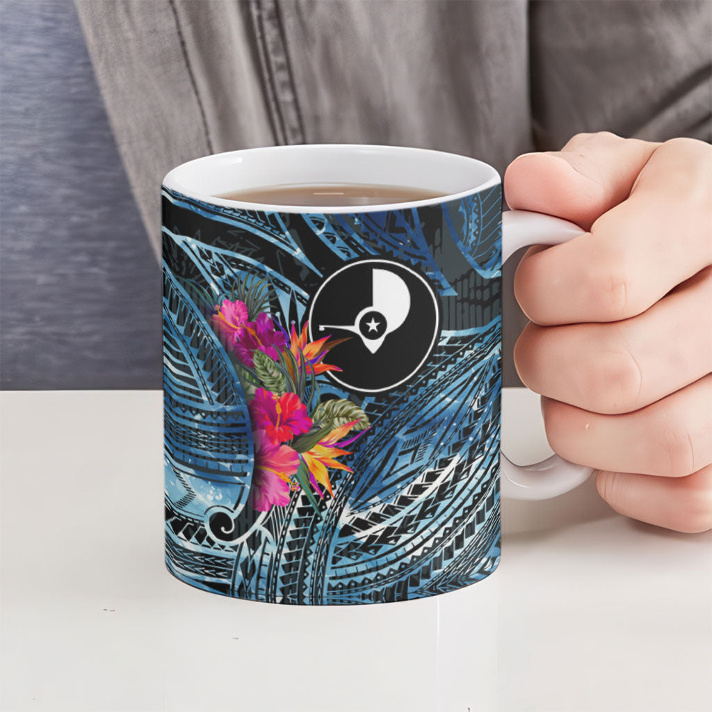 Yap Day Island Floral Tribal Heritage Ceramic Mug Micronesian Hibiscus Pattern Polynesian Tattoo Blue Art TS04 - Polynesian Pride