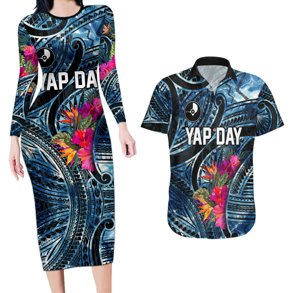Yap Day Island Floral Tribal Heritage Couples Matching Long Sleeve Bodycon Dress and Hawaiian Shirt Micronesian Hibiscus Pattern Polynesian Tattoo Blue Art TS04 Black Blue - Polynesian Pride