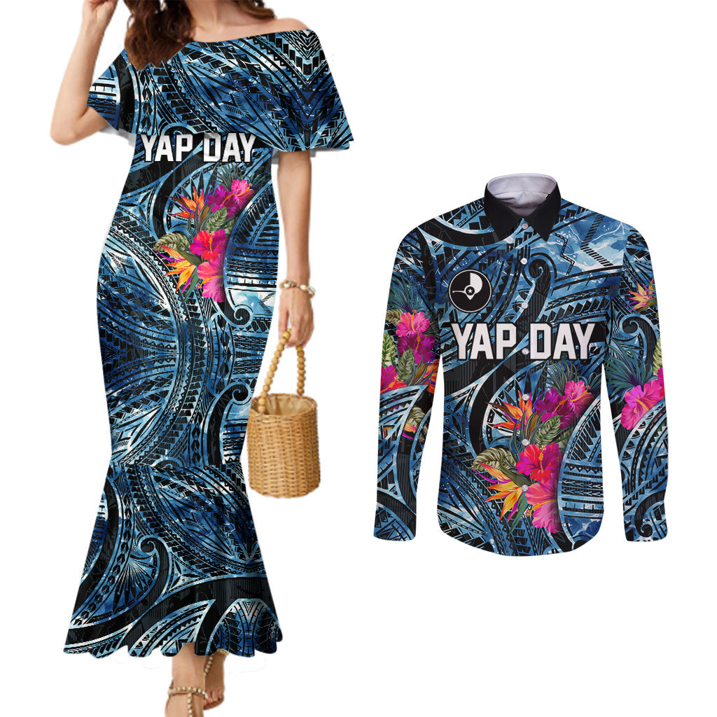 Yap Day Island Floral Tribal Heritage Couples Matching Mermaid Dress and Long Sleeve Button Shirt Micronesian Hibiscus Pattern Polynesian Tattoo Blue Art TS04 Black Blue - Polynesian Pride