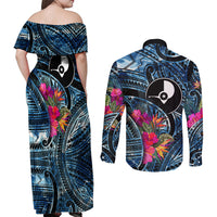 Yap Day Island Floral Tribal Heritage Couples Matching Off Shoulder Maxi Dress and Long Sleeve Button Shirt Micronesian Hibiscus Pattern Polynesian Tattoo Blue Art