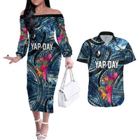 Yap Day Island Floral Tribal Heritage Couples Matching Off The Shoulder Long Sleeve Dress and Hawaiian Shirt Micronesian Hibiscus Pattern Polynesian Tattoo Blue Art