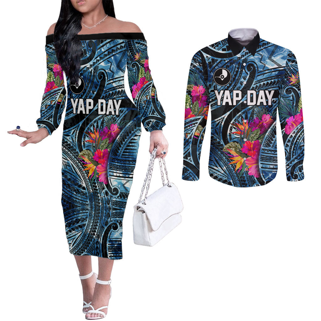 Yap Day Island Floral Tribal Heritage Couples Matching Off The Shoulder Long Sleeve Dress and Long Sleeve Button Shirt Micronesian Hibiscus Pattern Polynesian Tattoo Blue Art TS04 Black Blue - Polynesian Pride