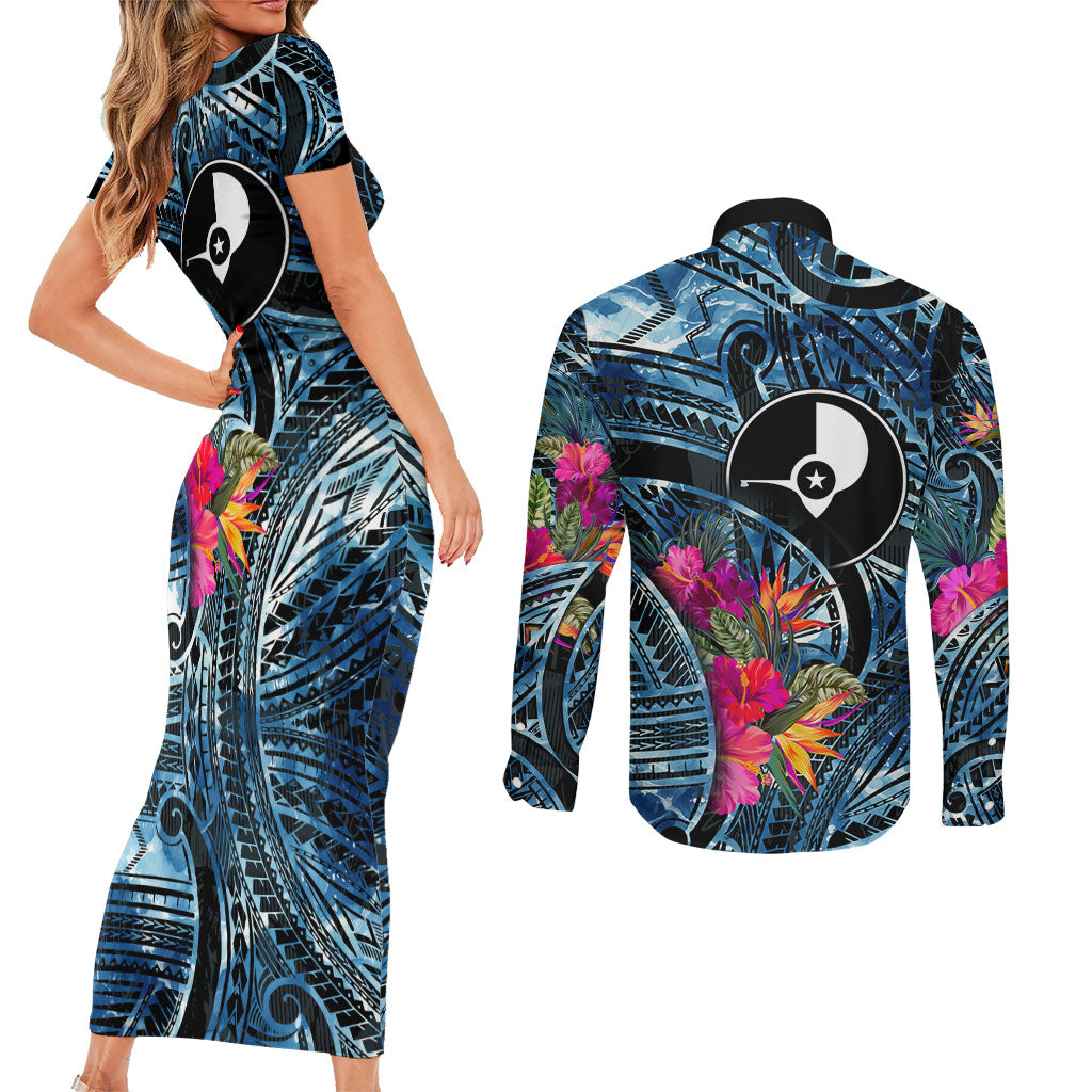 Yap Day Island Floral Tribal Heritage Couples Matching Short Sleeve Bodycon Dress and Long Sleeve Button Shirt Micronesian Hibiscus Pattern Polynesian Tattoo Blue Art