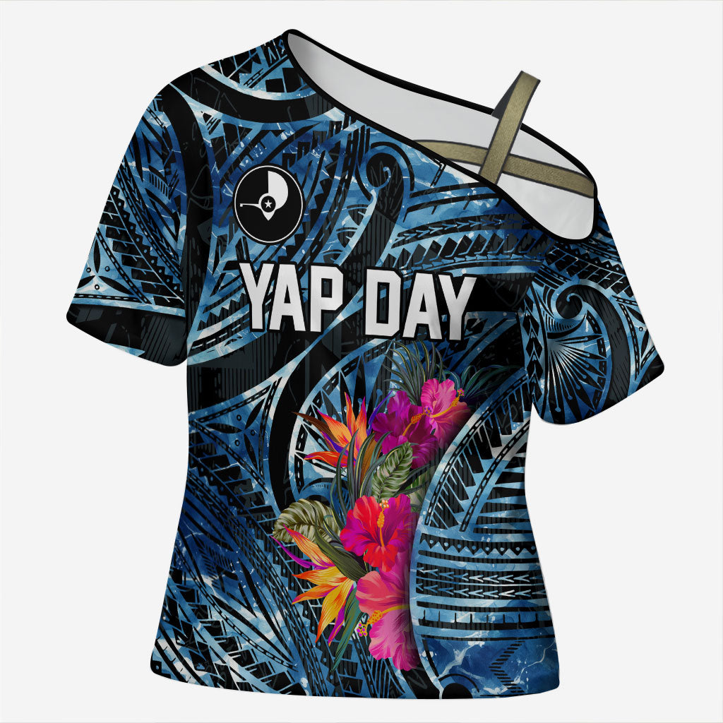 Yap Day Island Floral Tribal Heritage Cross Shoulder Shirt Micronesian Hibiscus Pattern Polynesian Tattoo Blue Art TS04 Female Black Blue - Polynesian Pride
