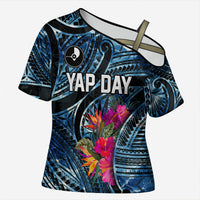 Yap Day Island Floral Tribal Heritage Cross Shoulder Shirt Micronesian Hibiscus Pattern Polynesian Tattoo Blue Art TS04 Female Black Blue - Polynesian Pride