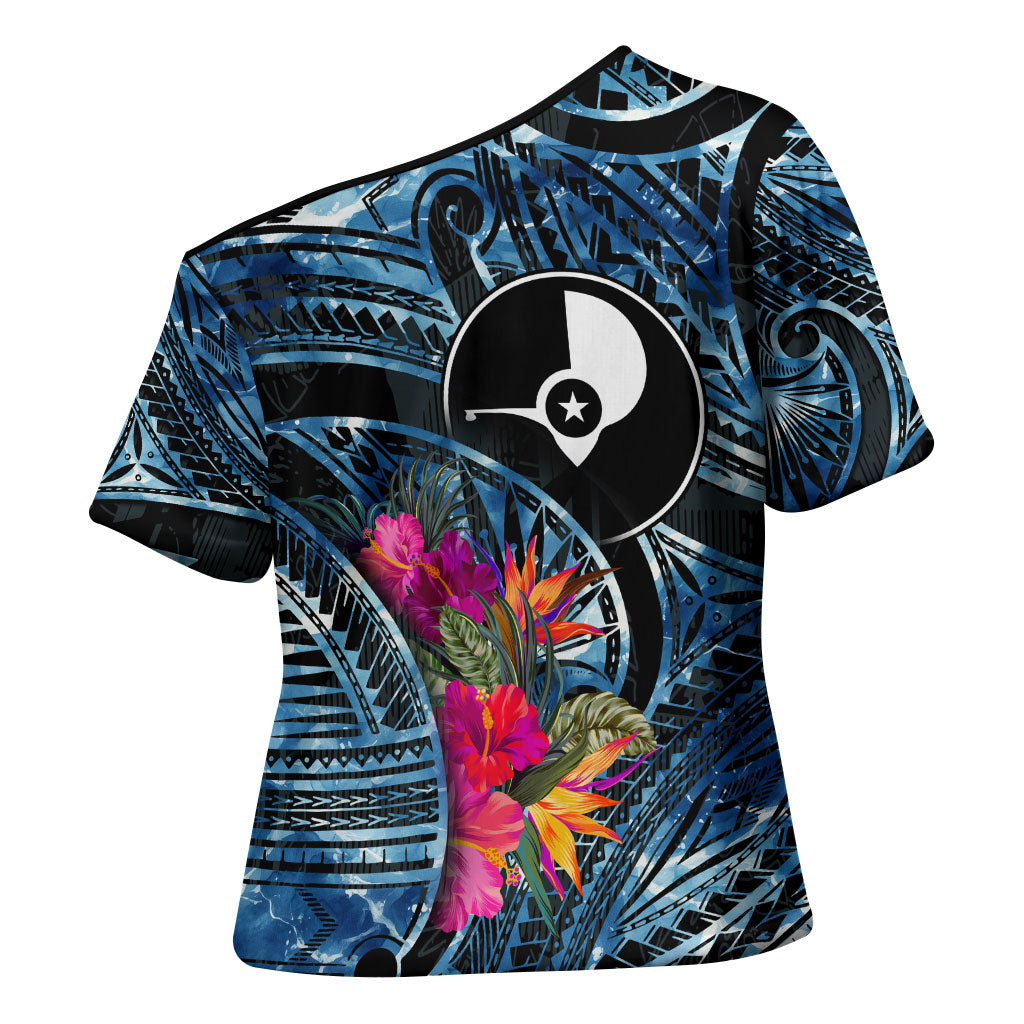 Yap Day Island Floral Tribal Heritage Cross Shoulder Shirt Micronesian Hibiscus Pattern Polynesian Tattoo Blue Art TS04 - Polynesian Pride