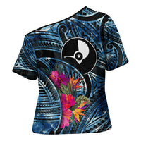 Yap Day Island Floral Tribal Heritage Cross Shoulder Shirt Micronesian Hibiscus Pattern Polynesian Tattoo Blue Art TS04 - Polynesian Pride