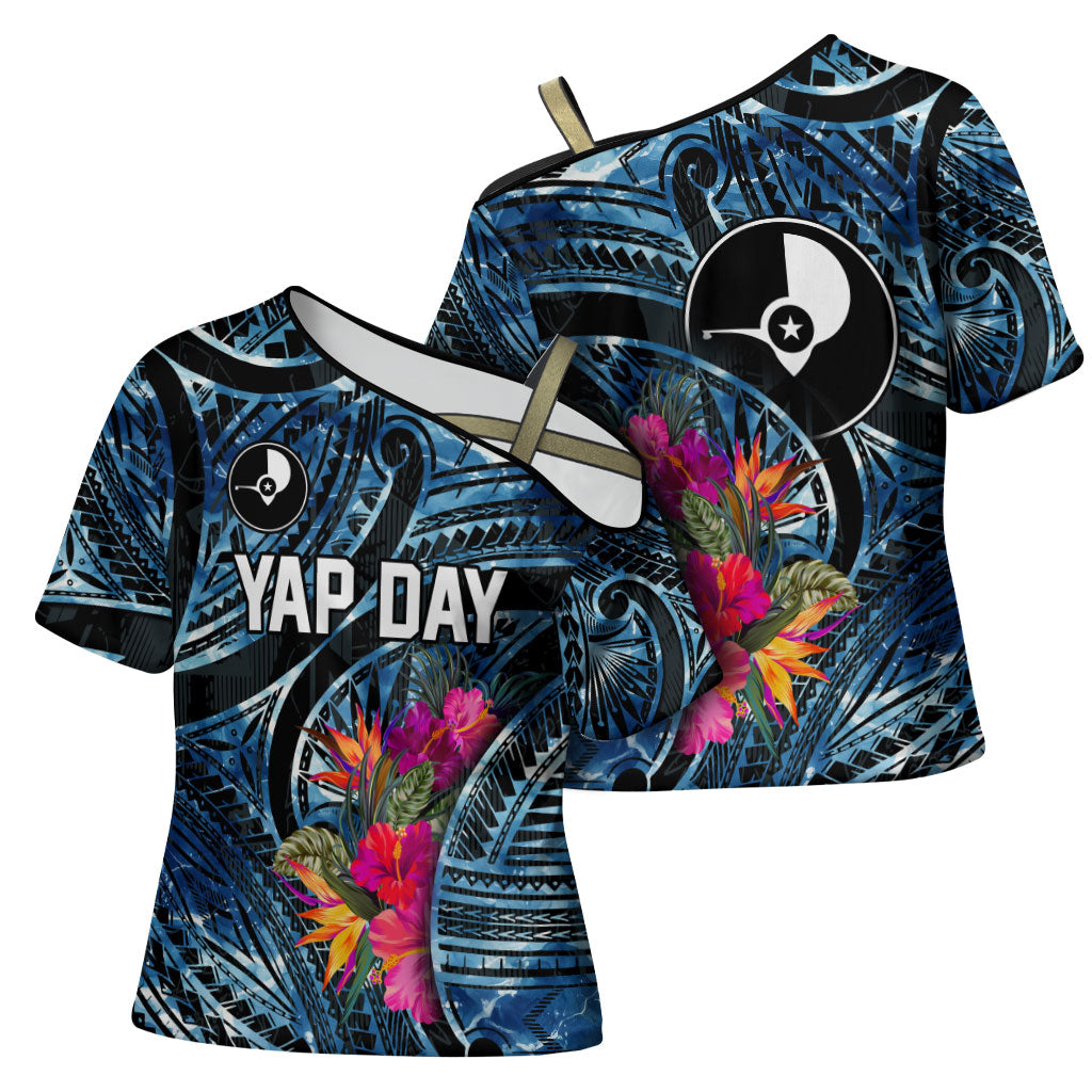 Yap Day Island Floral Tribal Heritage Cross Shoulder Shirt Micronesian Hibiscus Pattern Polynesian Tattoo Blue Art TS04 - Polynesian Pride