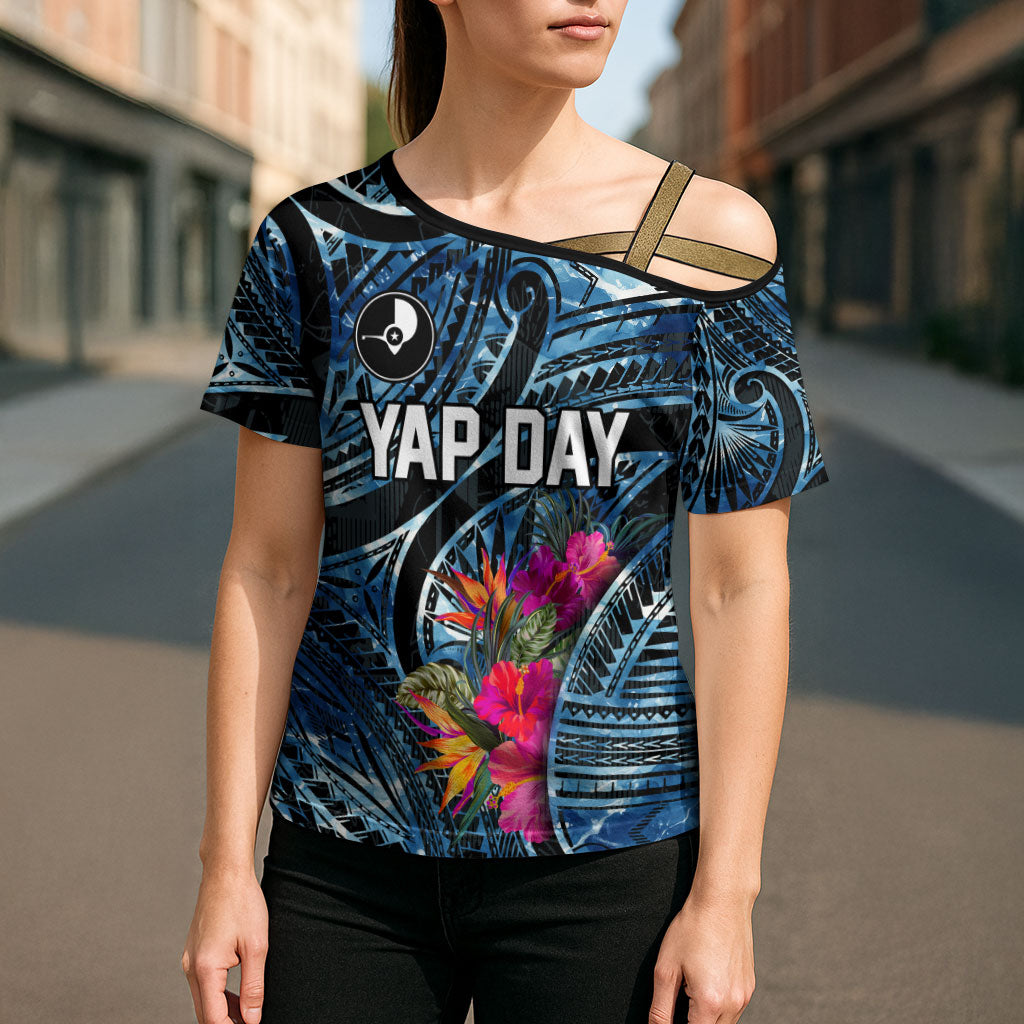 Yap Day Island Floral Tribal Heritage Cross Shoulder Shirt Micronesian Hibiscus Pattern Polynesian Tattoo Blue Art TS04 - Polynesian Pride