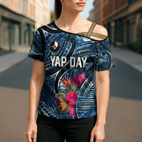 Yap Day Island Floral Tribal Heritage Cross Shoulder Shirt Micronesian Hibiscus Pattern Polynesian Tattoo Blue Art TS04 - Polynesian Pride