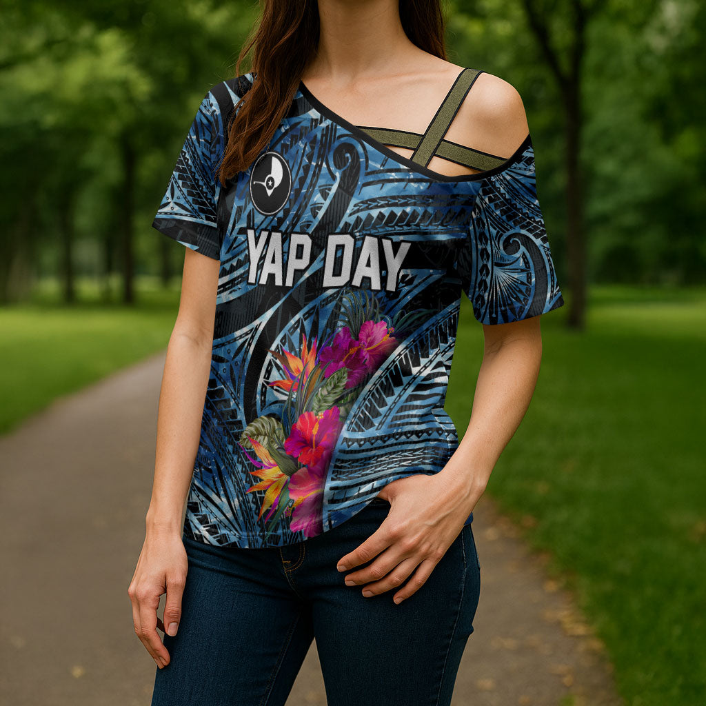 Yap Day Island Floral Tribal Heritage Cross Shoulder Shirt Micronesian Hibiscus Pattern Polynesian Tattoo Blue Art TS04 - Polynesian Pride