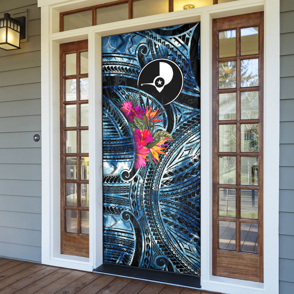 Yap Day Island Floral Tribal Heritage Door Cover Micronesian Hibiscus Pattern Polynesian Tattoo Blue Art TS04 - Polynesian Pride