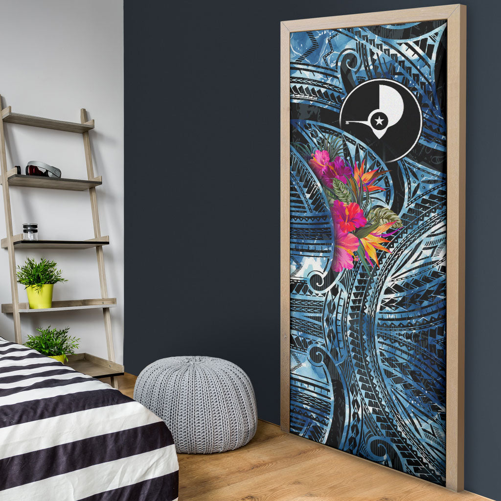 Yap Day Island Floral Tribal Heritage Door Cover Micronesian Hibiscus Pattern Polynesian Tattoo Blue Art TS04 - Polynesian Pride