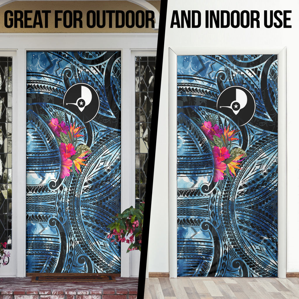 Yap Day Island Floral Tribal Heritage Door Cover Micronesian Hibiscus Pattern Polynesian Tattoo Blue Art TS04 - Polynesian Pride