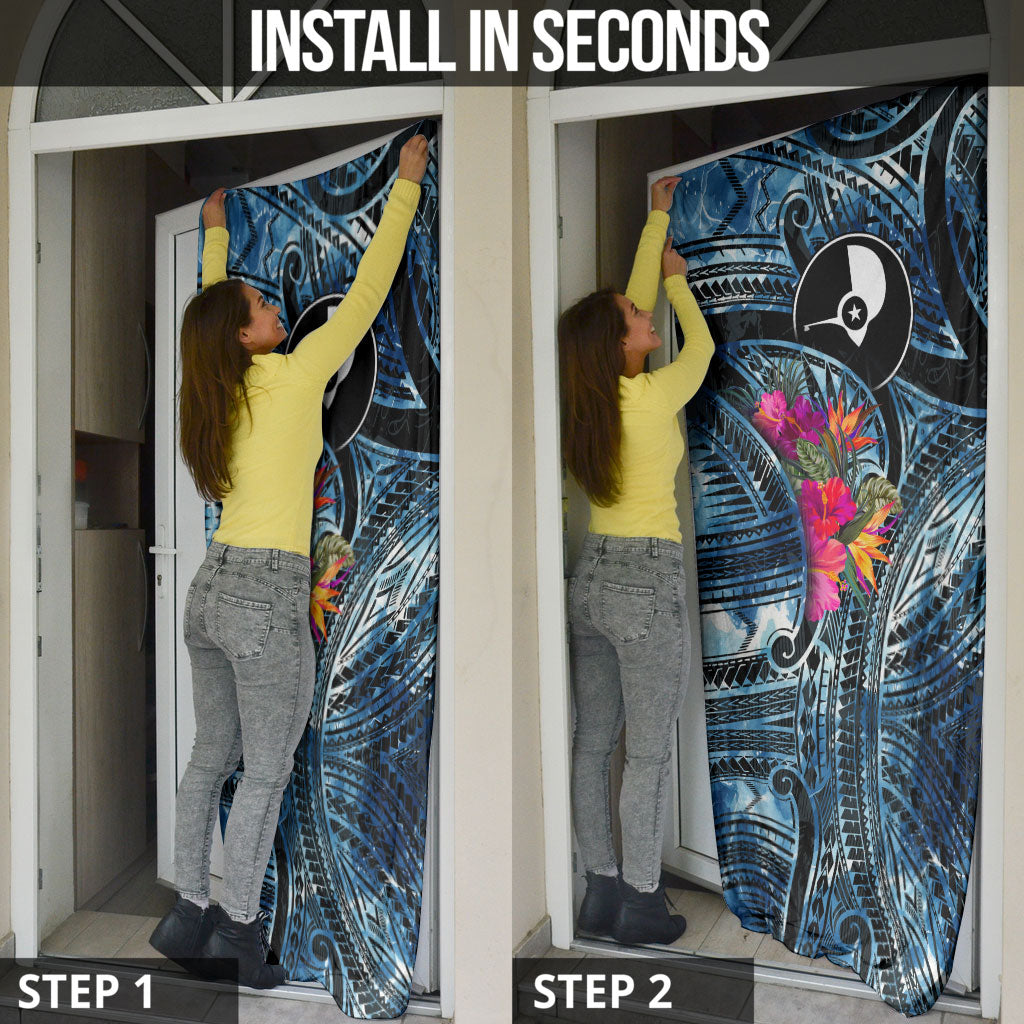 Yap Day Island Floral Tribal Heritage Door Cover Micronesian Hibiscus Pattern Polynesian Tattoo Blue Art TS04 - Polynesian Pride