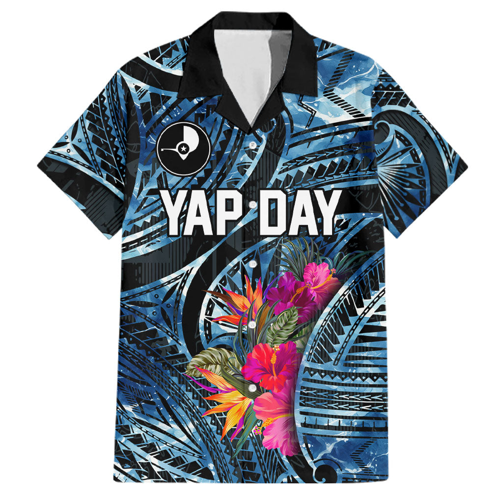 Yap Day Island Floral Tribal Heritage Family Matching Long Sleeve Bodycon Dress and Hawaiian Shirt Micronesian Hibiscus Pattern Polynesian Tattoo Blue Art