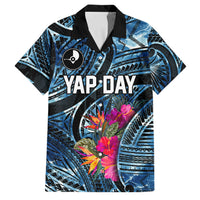 Yap Day Island Floral Tribal Heritage Family Matching Long Sleeve Bodycon Dress and Hawaiian Shirt Micronesian Hibiscus Pattern Polynesian Tattoo Blue Art