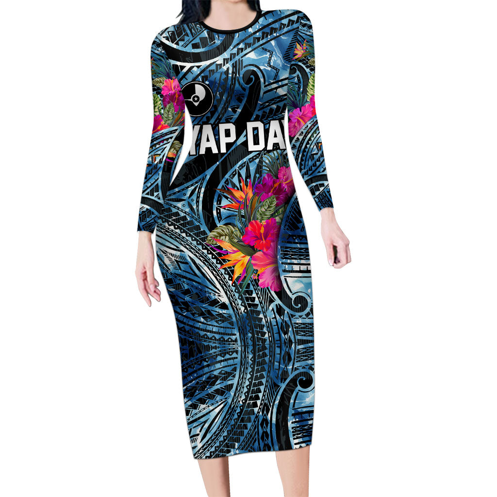 Yap Day Island Floral Tribal Heritage Family Matching Long Sleeve Bodycon Dress and Hawaiian Shirt Micronesian Hibiscus Pattern Polynesian Tattoo Blue Art