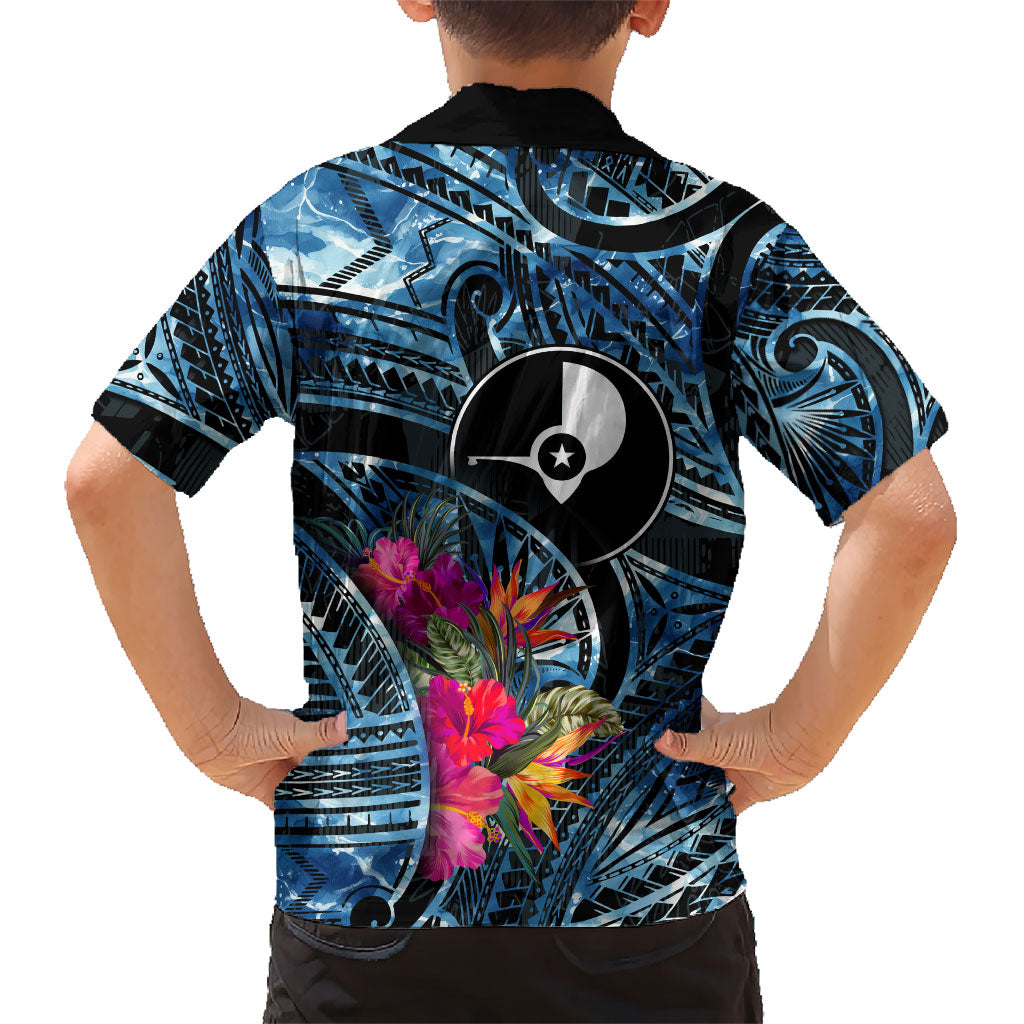 Yap Day Island Floral Tribal Heritage Family Matching Off The Shoulder Long Sleeve Dress and Hawaiian Shirt Micronesian Hibiscus Pattern Polynesian Tattoo Blue Art