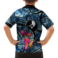 Yap Day Island Floral Tribal Heritage Family Matching Off The Shoulder Long Sleeve Dress and Hawaiian Shirt Micronesian Hibiscus Pattern Polynesian Tattoo Blue Art