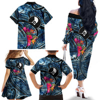 Yap Day Island Floral Tribal Heritage Family Matching Off The Shoulder Long Sleeve Dress and Hawaiian Shirt Micronesian Hibiscus Pattern Polynesian Tattoo Blue Art