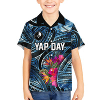 Yap Day Island Floral Tribal Heritage Family Matching Off The Shoulder Long Sleeve Dress and Hawaiian Shirt Micronesian Hibiscus Pattern Polynesian Tattoo Blue Art