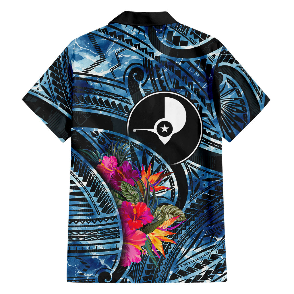 Yap Day Island Floral Tribal Heritage Family Matching Off Shoulder Short Dress and Hawaiian Shirt Micronesian Hibiscus Pattern Polynesian Tattoo Blue Art