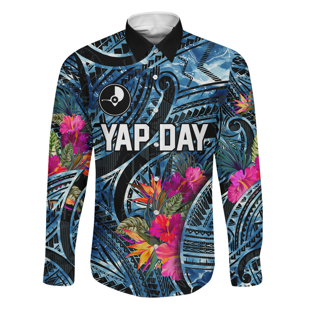 Yap Day Island Floral Tribal Heritage Family Matching Off Shoulder Short Dress and Hawaiian Shirt Micronesian Hibiscus Pattern Polynesian Tattoo Blue Art